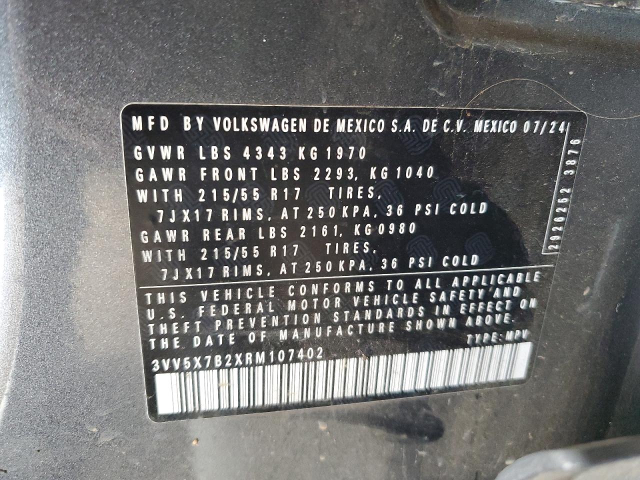 2024 Volkswagen Taos S VIN: 3VV5X7B2XRM107402 Lot: 93035745