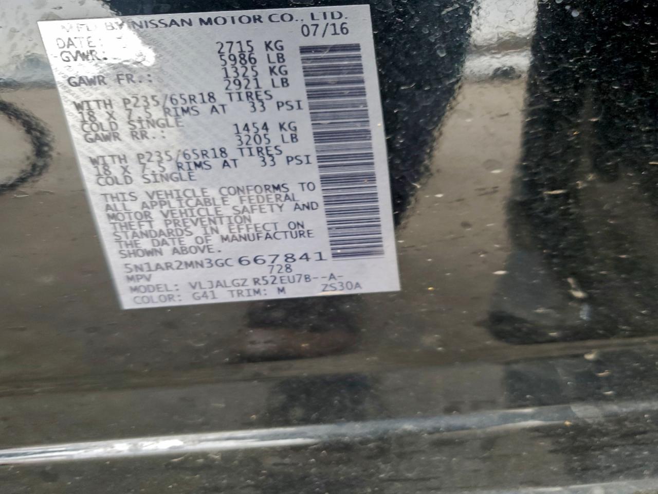 2016 Nissan Pathfinder S VIN: 5N1AR2MN3GC667841 Lot: 93648855