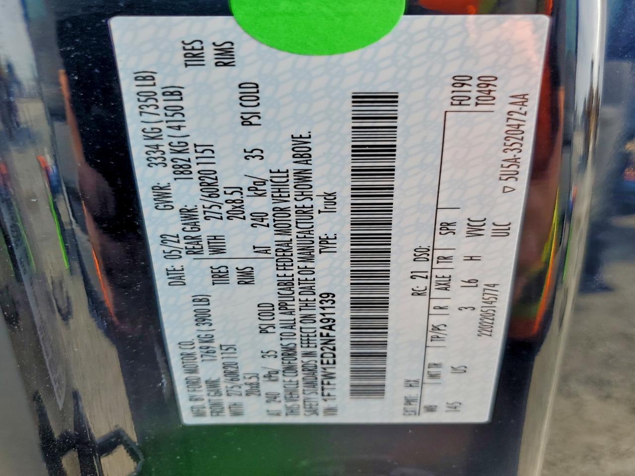 2022 Ford F150 Supercrew VIN: 1FTFW1ED2NFA91139 Lot: 94119205