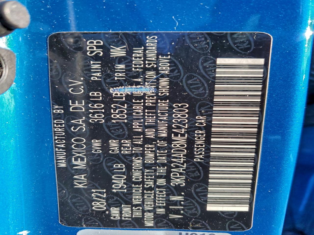 2021 Kia Rio Lx VIN: 3KPA24AD8ME423803 Lot: 93820755