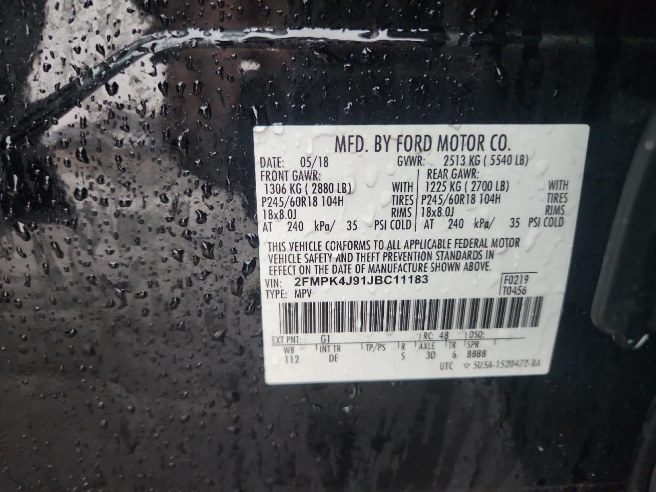 2018 Ford Edge Sel VIN: 2FMPK4J91JBC11183 Lot: 92665025