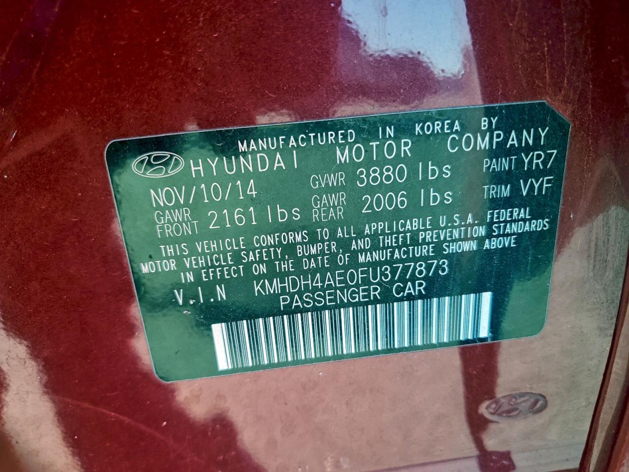 2015 Hyundai Elantra Se VIN: KMHDH4AE0FU377873 Lot: 94164885