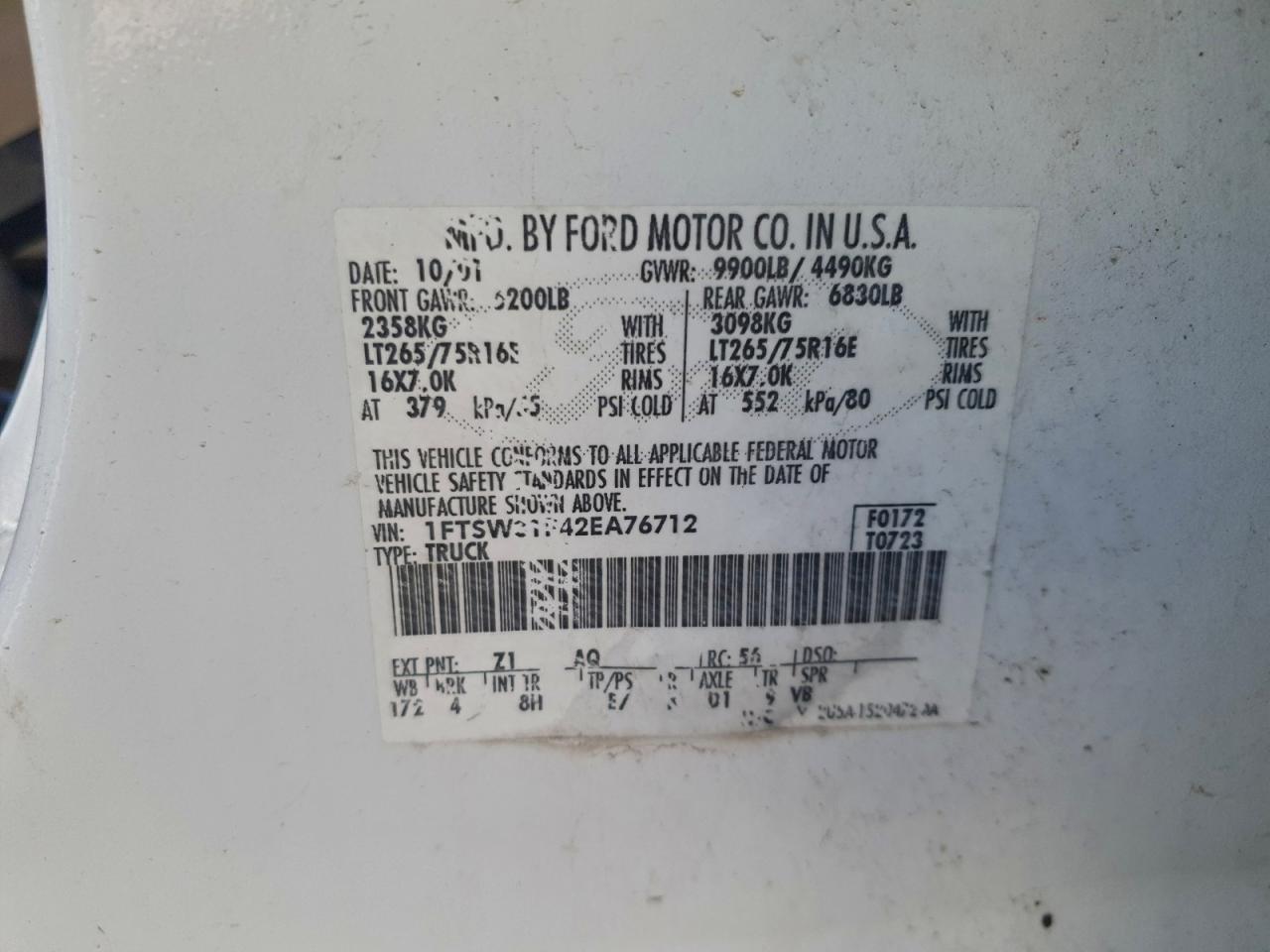 2002 Ford F350 Srw Super Duty VIN: 1FTSW31F42EA76712 Lot: 93949185