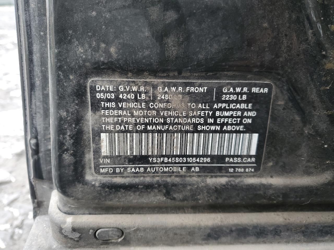 2003 Saab 9-3 Linear VIN: YS3FB45S031054296 Lot: 92000135