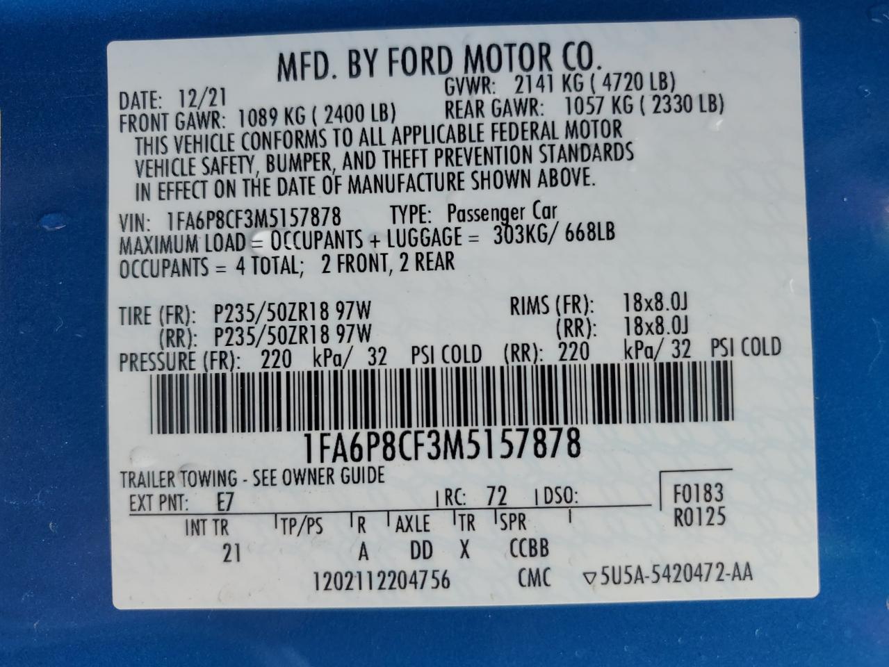 2021 Ford Mustang Gt VIN: 1FA6P8CF3M5157878 Lot: 93282535