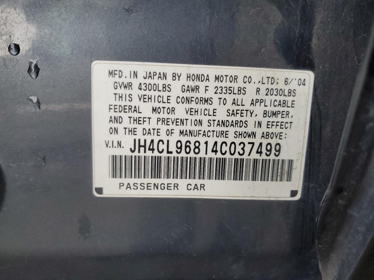 2004 Acura Tsx VIN: JH4CL96814C037499 Lot: 93118305