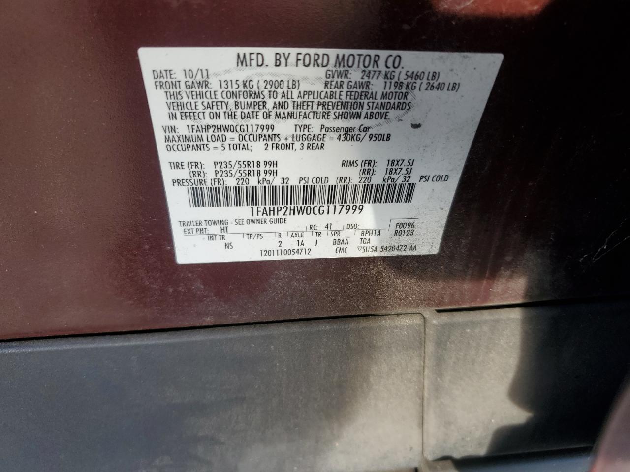 2012 Ford Taurus Sel VIN: 1FAHP2HW0CG117999 Lot: 92282215