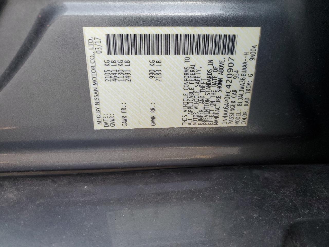 2017 Nissan Maxima 3.5S VIN: 1N4AA6AP0HC420907 Lot: 91376085