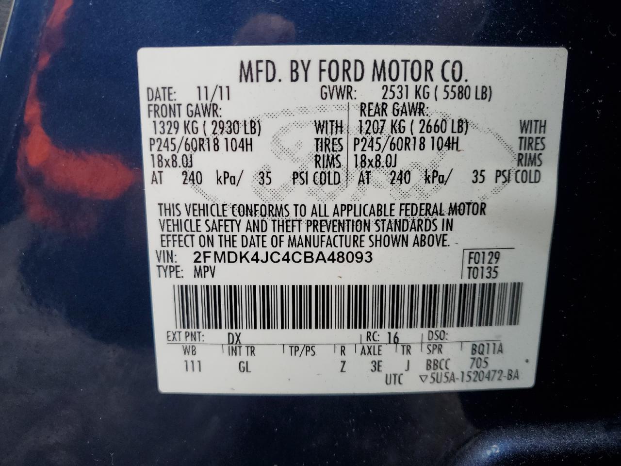 2012 Ford Edge Sel VIN: 2FMDK4JC4CBA48093 Lot: 89653845