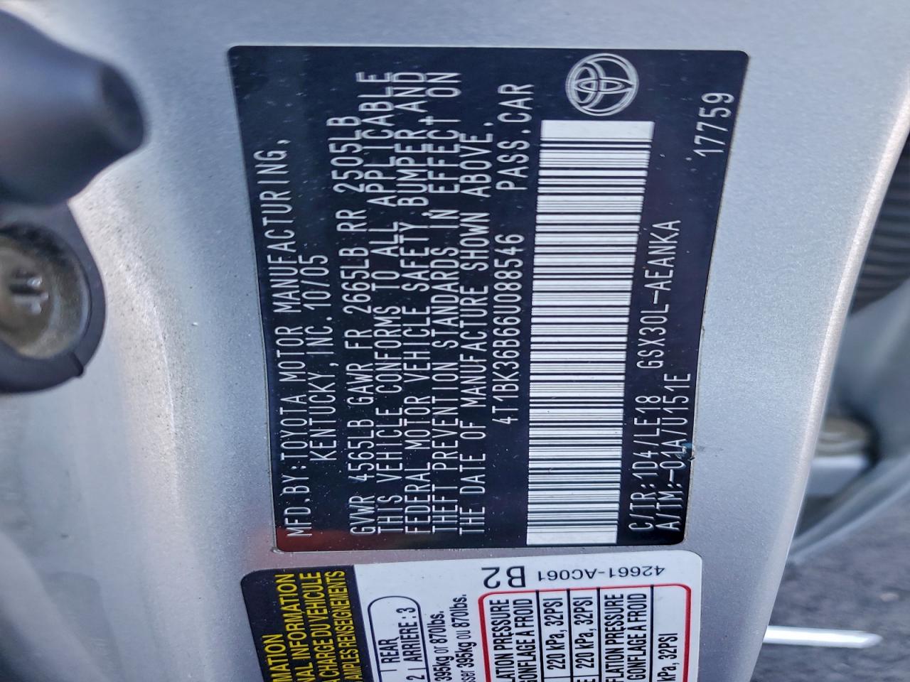 2006 Toyota Avalon Xl VIN: 4T1BK36B66U088546 Lot: 94715725