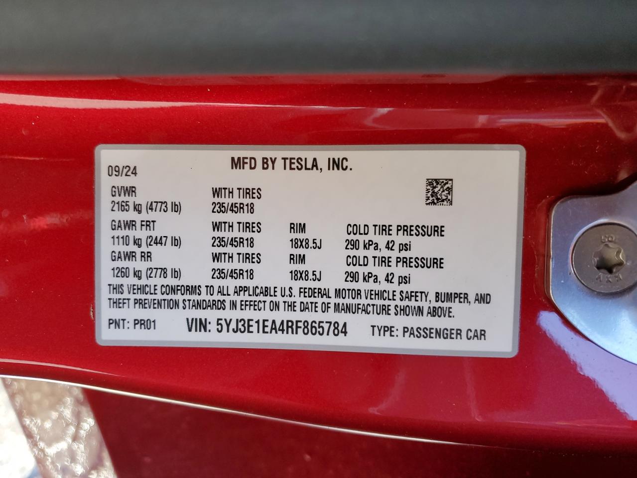 2024 Tesla Model 3 VIN: 5YJ3E1EA4RF865784 Lot: 92666265