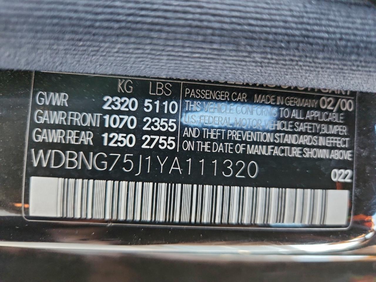 2000 Mercedes-Benz S 500 VIN: WDBNG75J1YA111320 Lot: 93286135