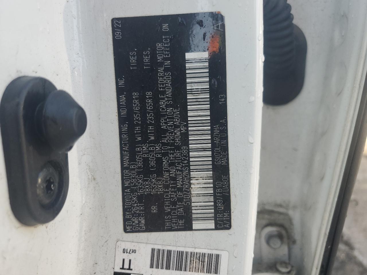 2022 Toyota Highlander L VIN: 5TDZZRAH2NS142389 Lot: 90516555