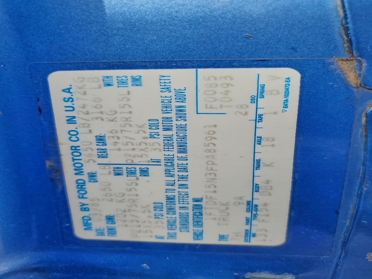 1985 Ford F150 VIN: 1FTDF15N3FPA85961 Lot: 93728605