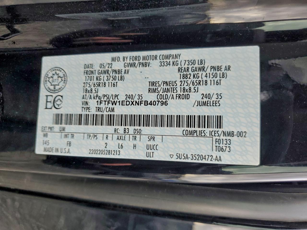 2022 Ford F150 Supercrew VIN: 1FTFW1EDXNFB40796 Lot: 94763915