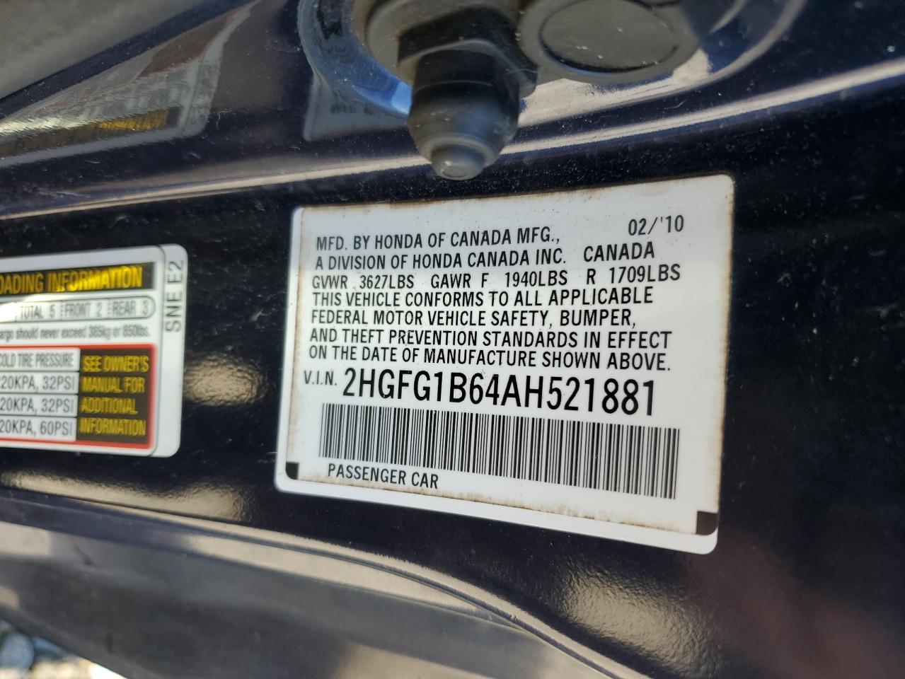 2010 Honda Civic Lx VIN: 2HGFG1B64AH521881 Lot: 90924185