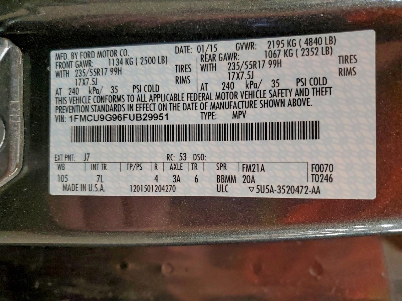 2015 Ford Escape Se VIN: 1FMCU9G96FUB29951 Lot: 93608245