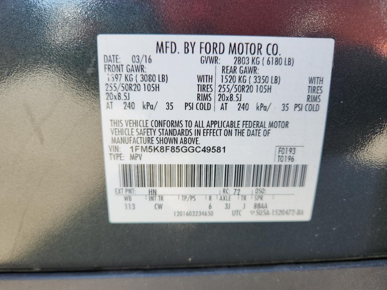 2016 Ford Explorer Limited VIN: 1FM5K8F85GGC49581 Lot: 91387235