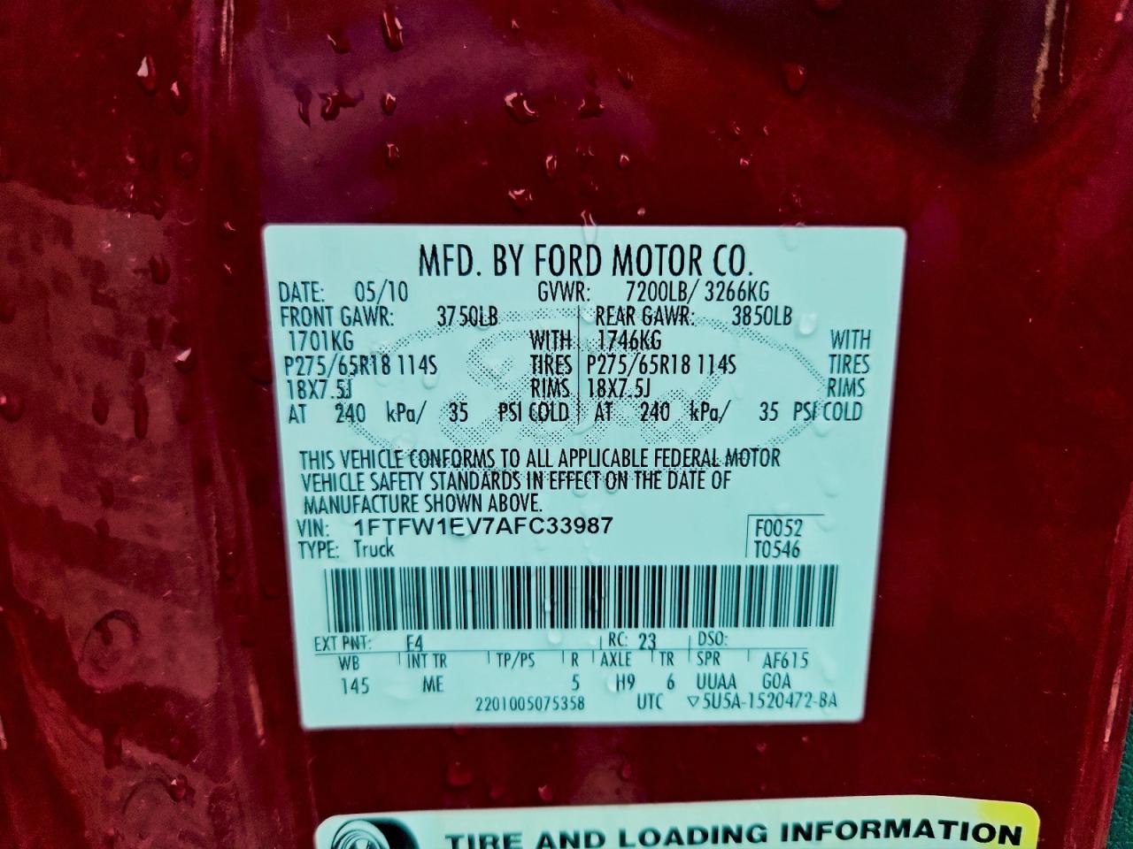 2010 Ford F150 Supercrew VIN: 1FTFW1EV7AFC33987 Lot: 93697415