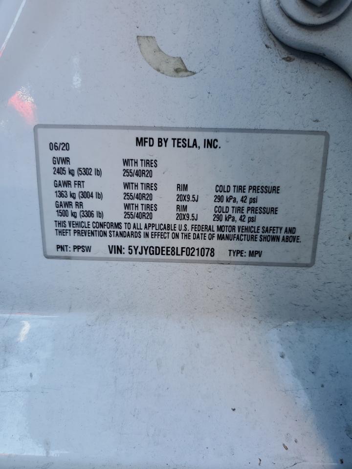 2020 Tesla Model Y VIN: 5YJYGDEE8LF021078 Lot: 91718265