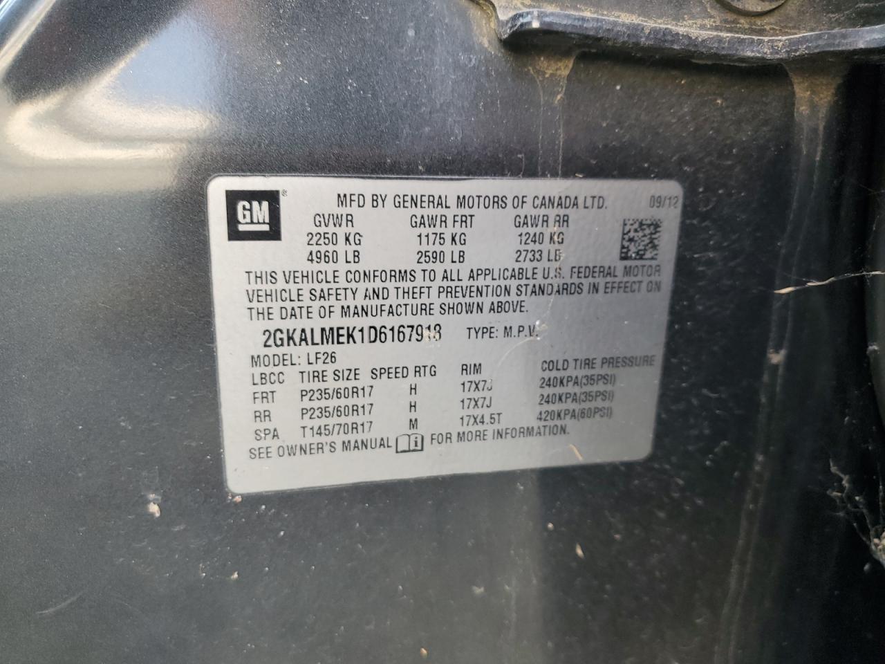 2013 GMC Terrain Sle VIN: 2GKALMEK1D6167918 Lot: 93044055