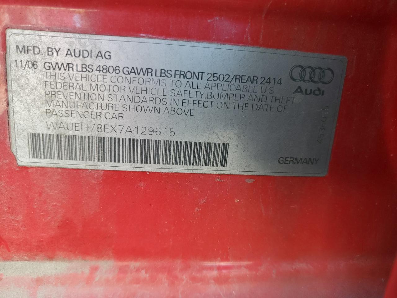 2007 Audi A4 S-Line 3.2 Quattro VIN: WAUEH78EX7A129615 Lot: 92010445