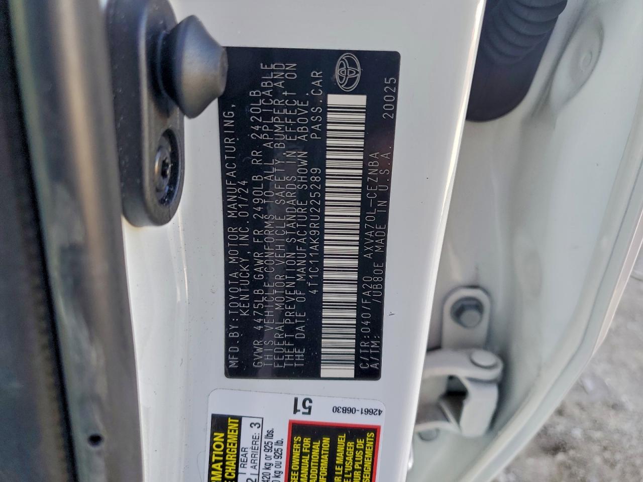 2024 Toyota Camry Le VIN: 4T1C11AK9RU225289 Lot: 94418075