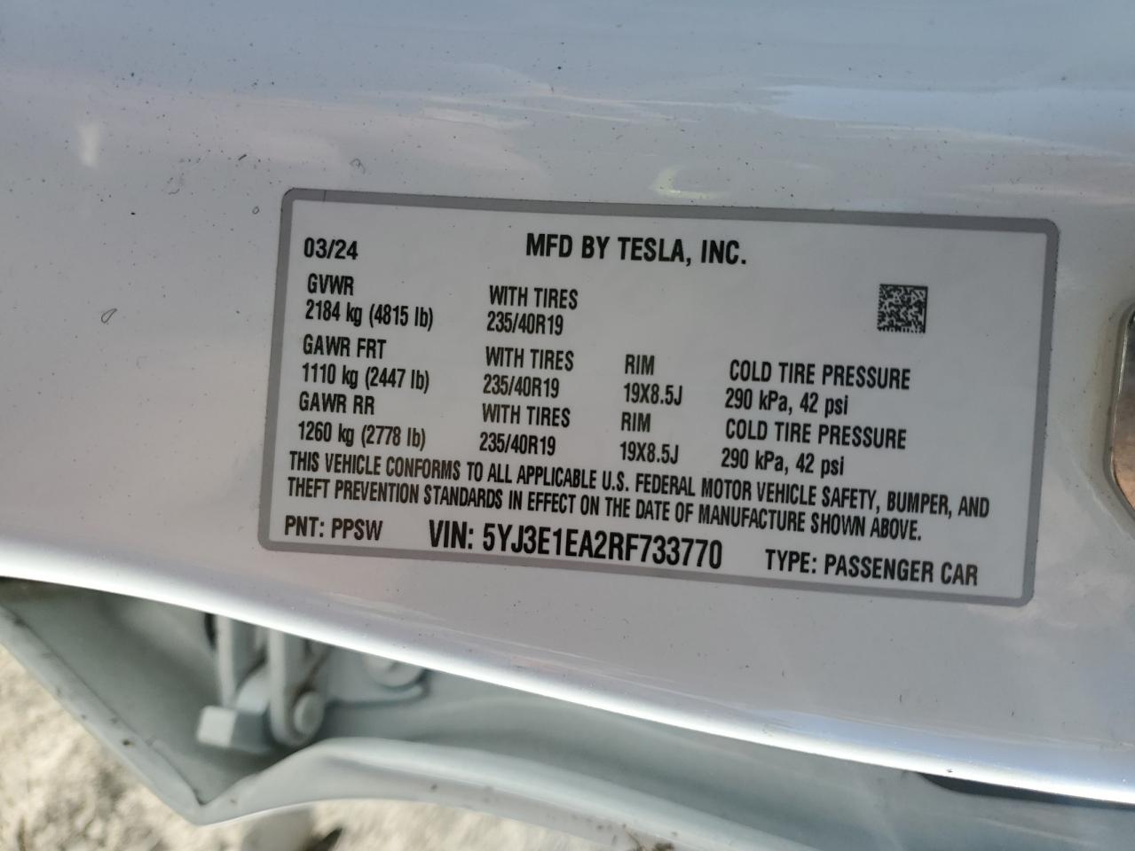 2024 Tesla Model 3 VIN: 5YJ3E1EA2RF733770 Lot: 91307105