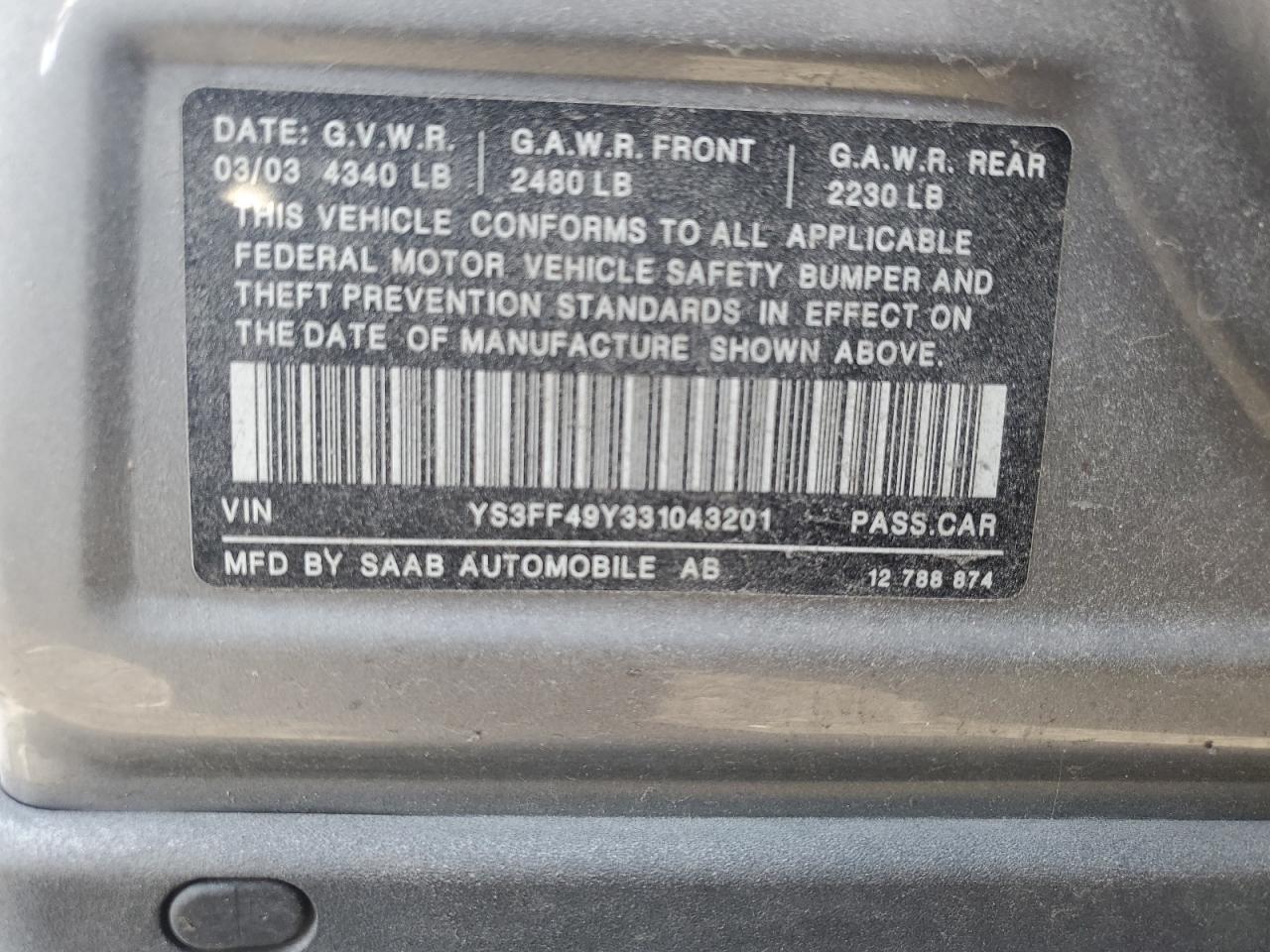 2003 Saab 9-3 Vector VIN: YS3FF49Y331043201 Lot: 92775925