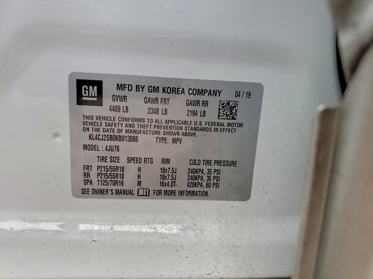 2019 Buick Encore Sport Touring VIN: KL4CJ2SB0KB913086 Lot: 93490055