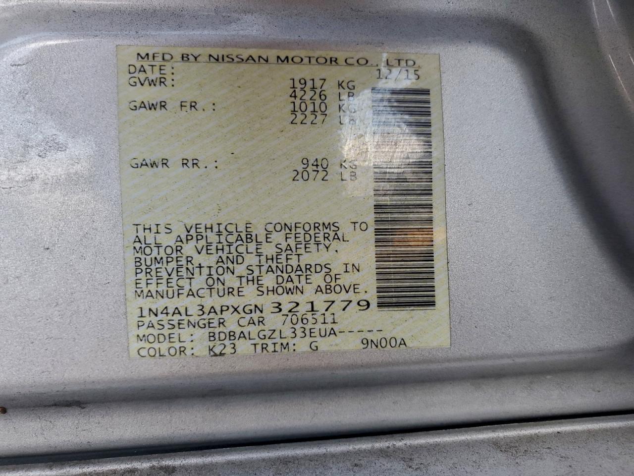 2016 Nissan Altima 2.5 VIN: 1N4AL3APXGN321779 Lot: 93736635