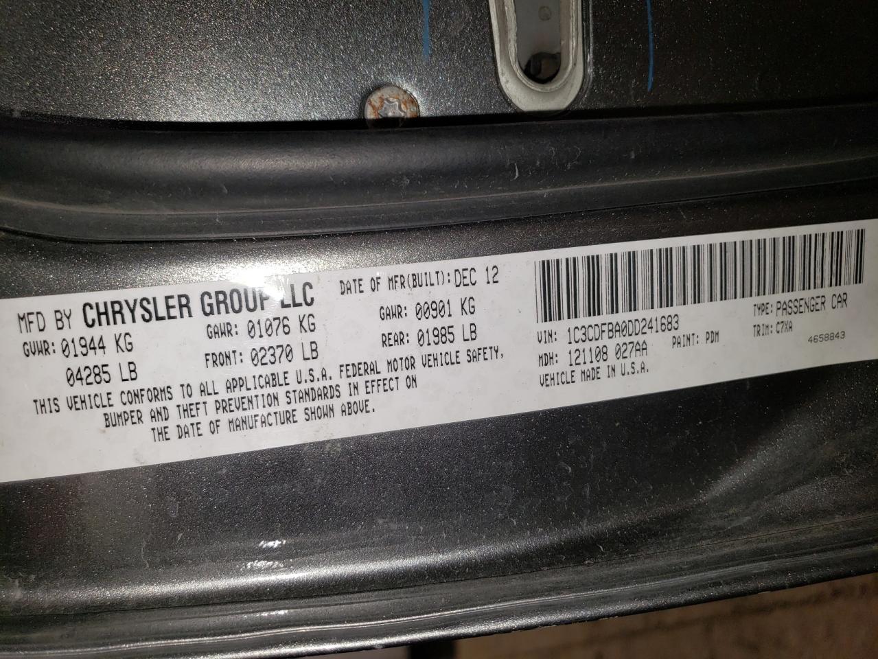 2013 Dodge Dart Sxt VIN: 1C3CDFBA0DD241683 Lot: 92019895