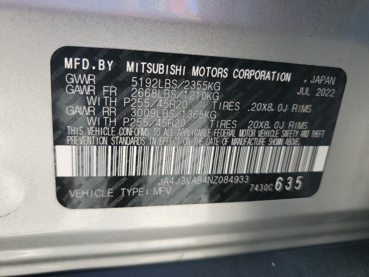 2022 Mitsubishi Outlander Sel VIN: JA4J3VA84NZ084933 Lot: 93552945