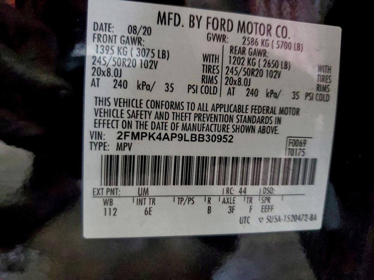 2020 Ford Edge St VIN: 2FMPK4AP9LBB30952 Lot: 93813115