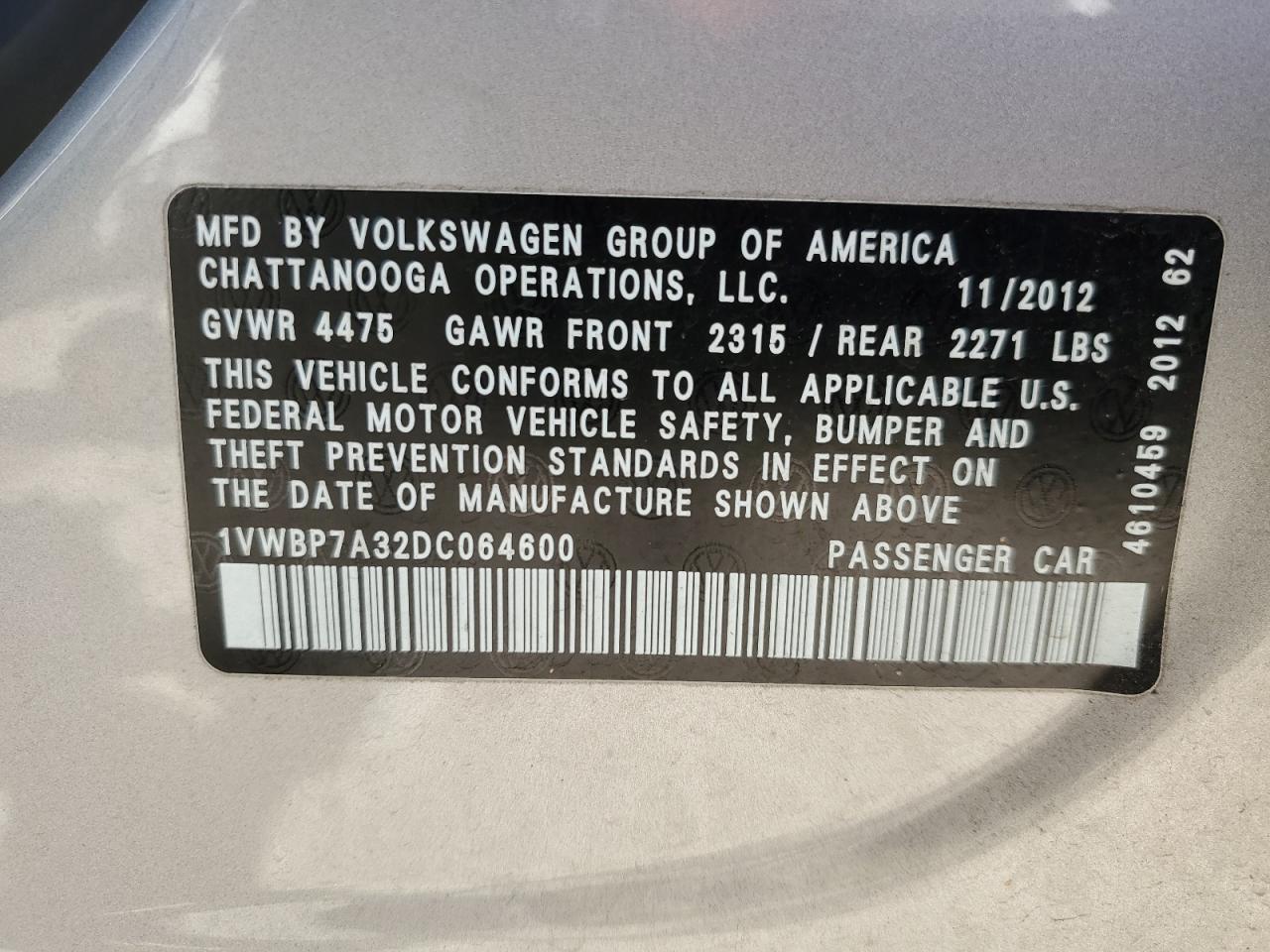 2013 Volkswagen Passat Se VIN: 1VWBP7A32DC064600 Lot: 90028945