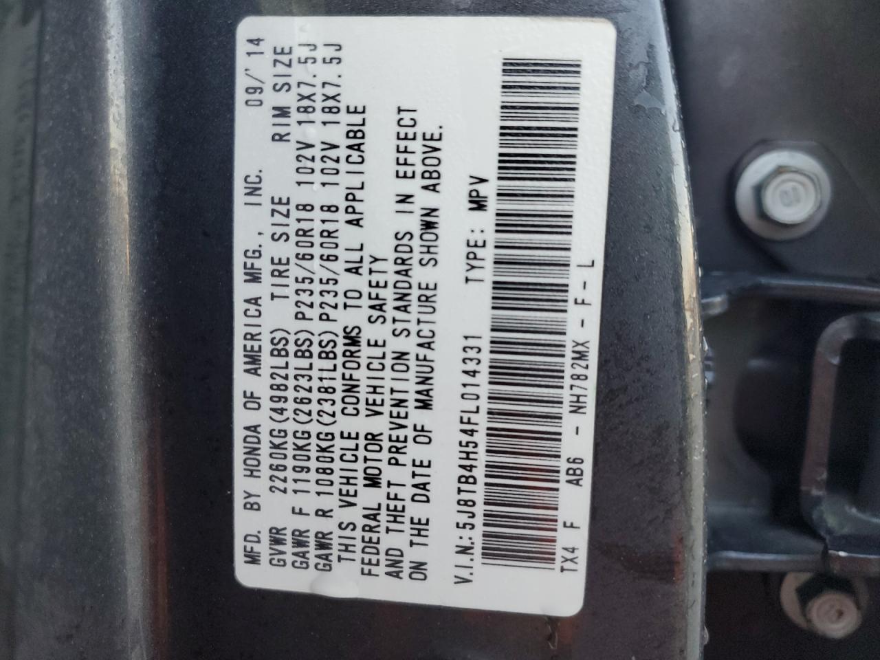 2015 Acura Rdx Technology VIN: 5J8TB4H54FL014331 Lot: 92701985