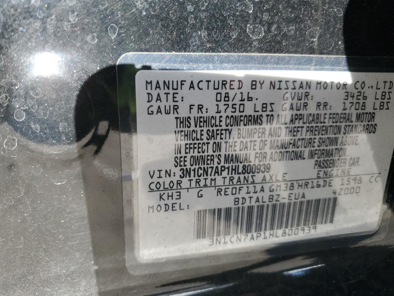 2017 Nissan Versa S VIN: 3N1CN7AP1HL800939 Lot: 92534065