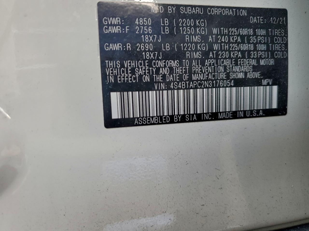 2022 Subaru Outback Touring VIN: 4S4BTAPC2N3176054 Lot: 92749065