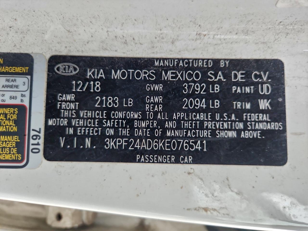 2019 Kia Forte Fe VIN: 3KPF24AD6KE076541 Lot: 94530575