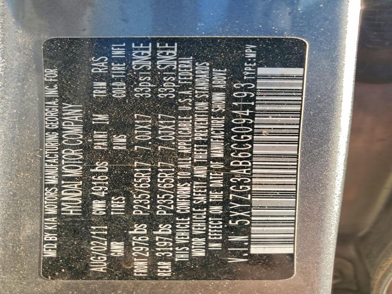 2012 Hyundai Santa Fe Gls VIN: 5XYZG3AB6CG094193 Lot: 92449915