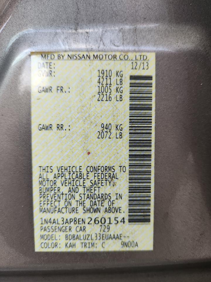 2014 Nissan Altima 2.5 VIN: 1N4AL3AP8EN260154 Lot: 92105115