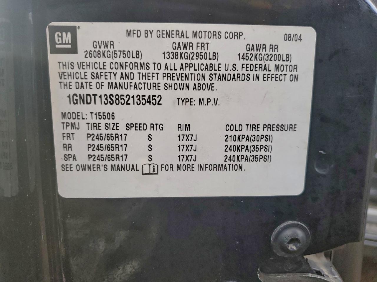 2005 Chevrolet Trailblazer Ls VIN: 1GNDT13S852135452 Lot: 93332305