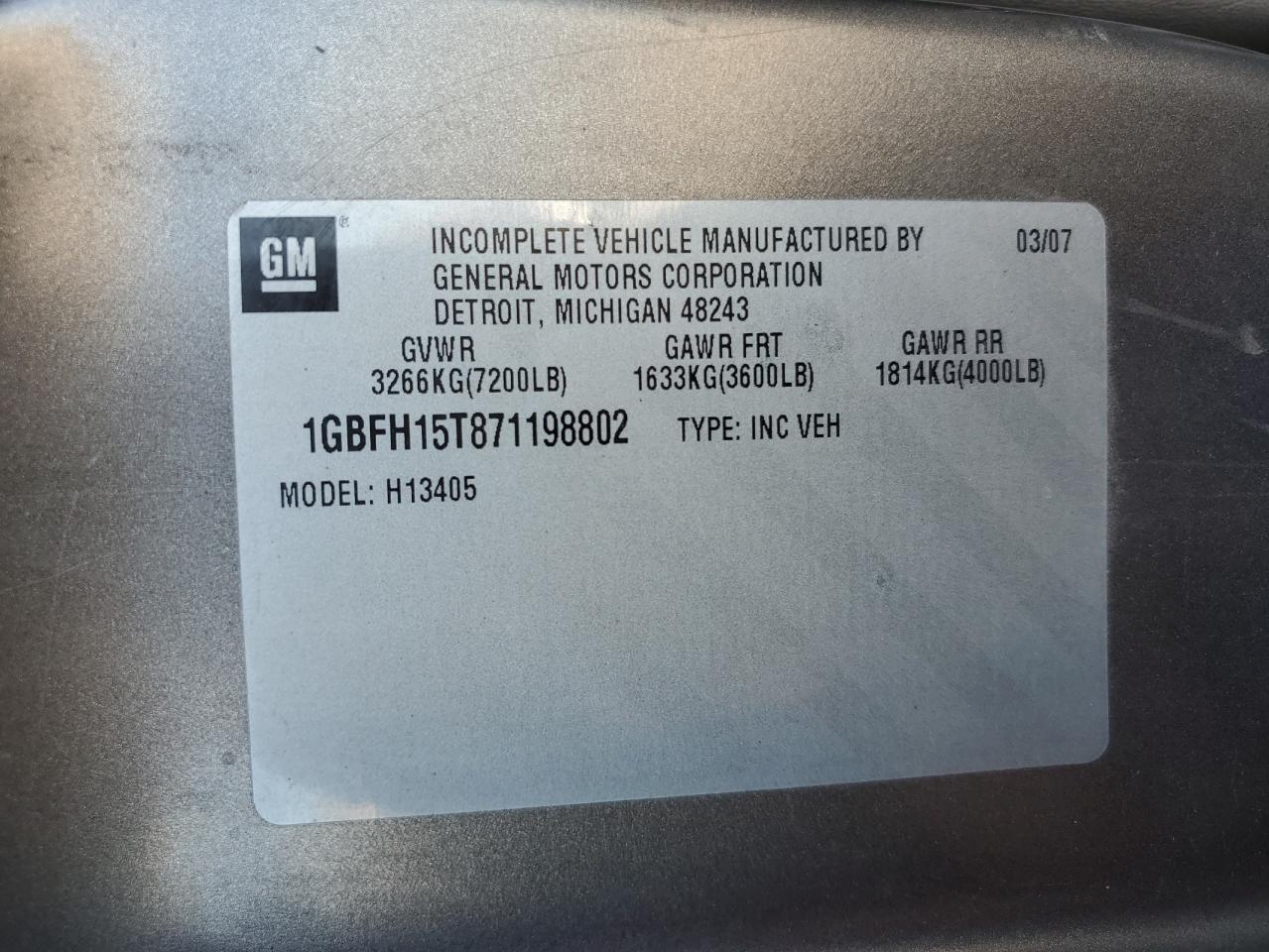 2007 Chevrolet Express G1500 VIN: 1GBFH15T871198802 Lot: 91055345