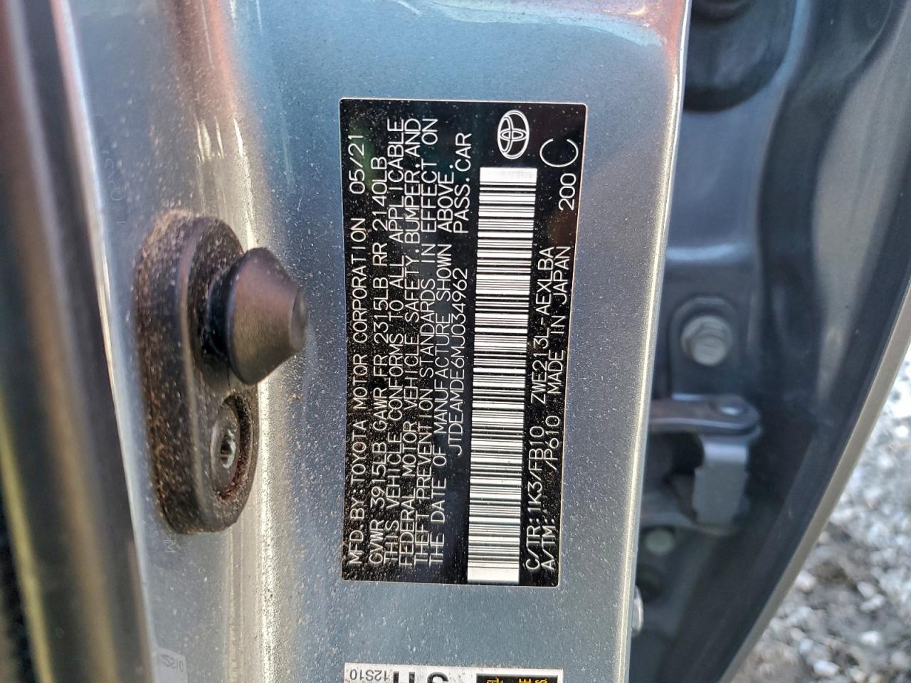 2021 Toyota Corolla Le VIN: JTDEAMDE6MJ034962 Lot: 94112195