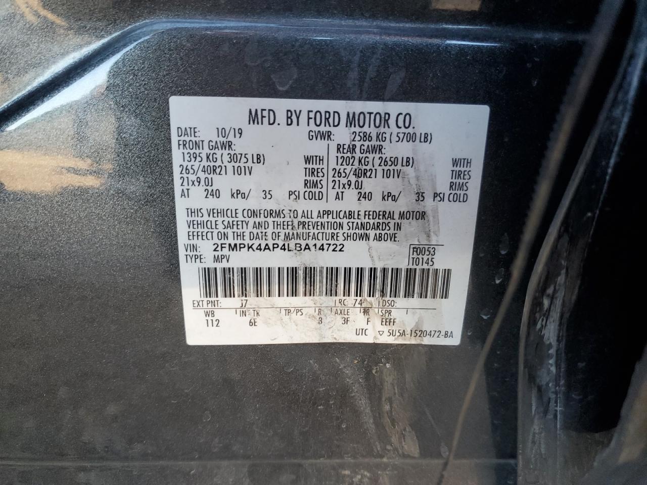 2020 Ford Edge St VIN: 2FMPK4AP4LBA14722 Lot: 92315445