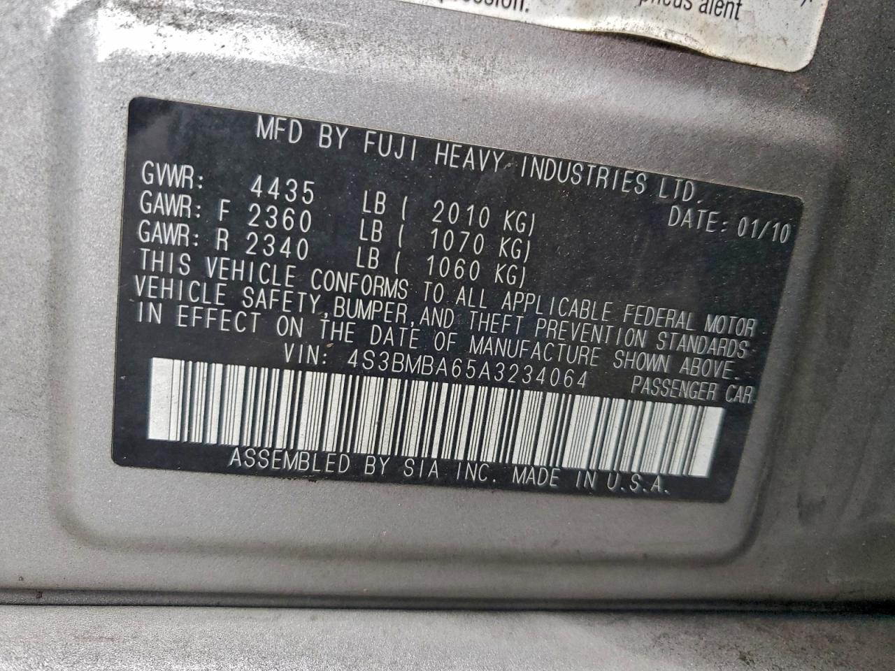 2010 Subaru Legacy 2.5I VIN: 4S3BMBA65A3234064 Lot: 94388085