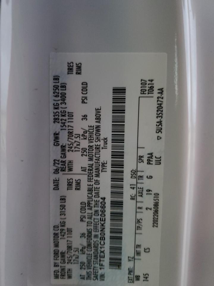 2022 Ford F150 Super Cab VIN: 1FTEX1CB0NKE06604 Lot: 92003545