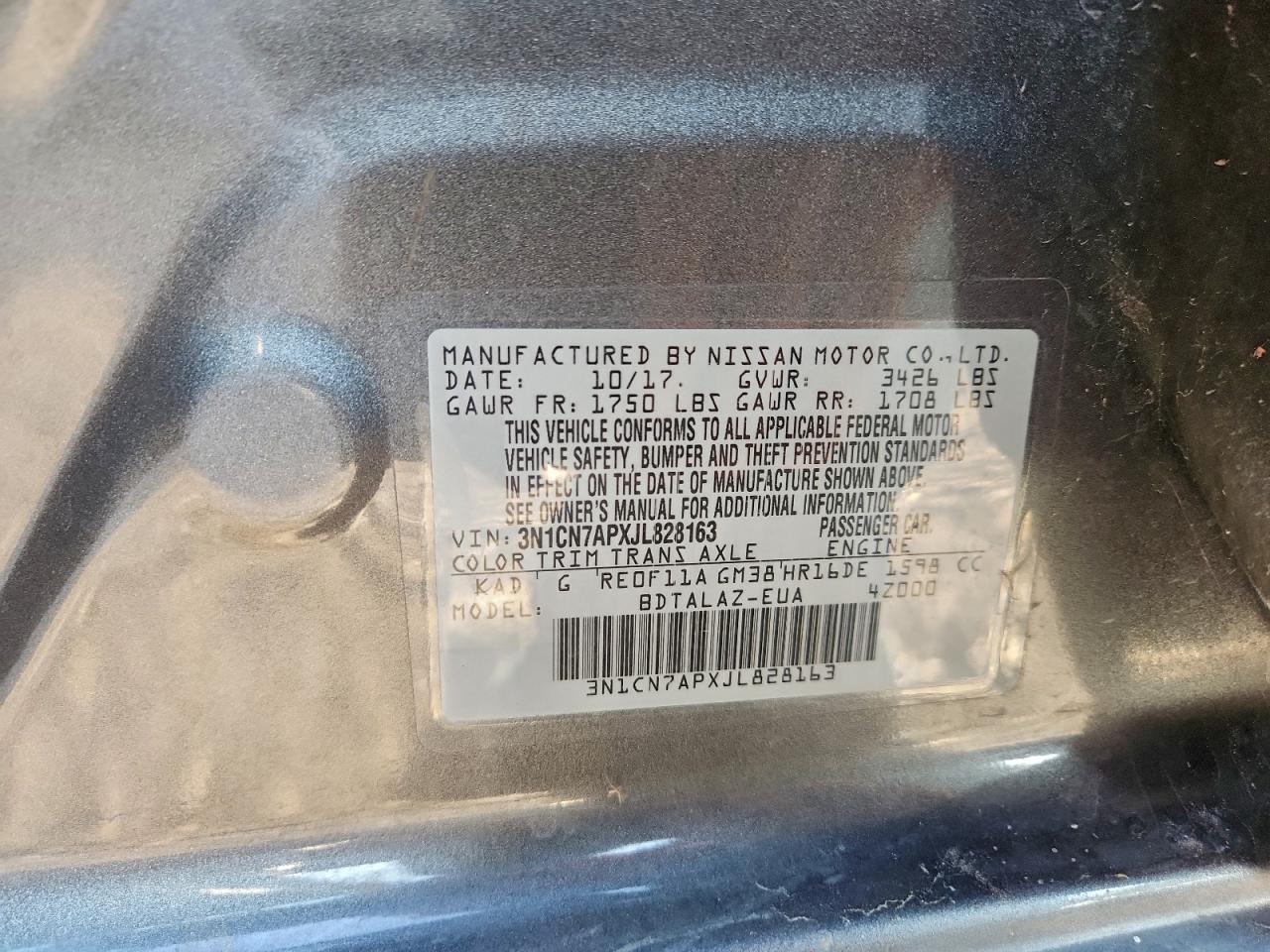 2018 Nissan Versa S VIN: 3N1CN7APXJL828163 Lot: 94146885