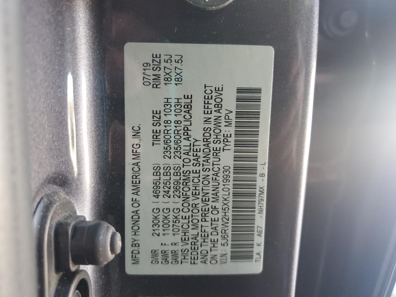 2019 Honda Cr-V Ex VIN: 5J6RW2H5XKL019930 Lot: 90724495