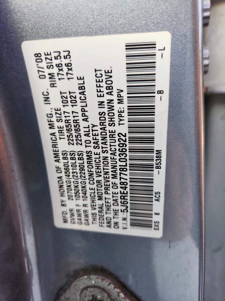 2008 Honda Cr-V Exl VIN: 5J6RE48778L036922 Lot: 92943205